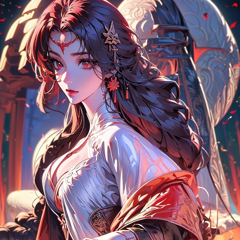 (1 woman), big boobs,slim but curved body, (white long hair), (red Eye's), cold beauty, wearing Chinese crown,  wearing Chinese outfit, ((high quality)), ((4k)), flying above a Sword, ((detailed eyes)), perfect face,, ((perfect body)), (perfect hands), (no blemish), (detailed shading), red demonic sect in the background, (detailed background,