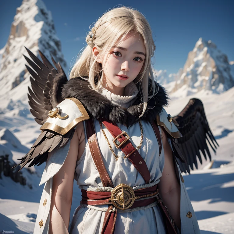 Hiding in the snowy mountains、Hair Flow、 ((Highest quality、masterpiece、8k、Best image quality、Ultra-high resolution、Award-winning works)、(Accurate anatomy:1.1)、(Look at me and smile:1.1)、Shining fair skin with Ultra-high resolution、The most detailed face、Ultra-high resolution detailed face、Ultra-high resolutionの髪の毛、(Ultra-high resolutionの煌めく瞳:1.1)、Beautiful face drawn in every detail、(Blurred Background:1.1)、Ancient Inuit clothing, Chest to chest, tattoo, Old ruins in the background、He is huge, A real hawk is perched on their shoulder...