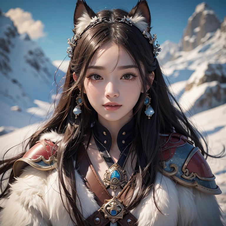 Hiding in the snowy mountains、Hair Flow、 ((Highest quality、masterpiece、8k、Best image quality、Ultra-high resolution、Award-winning works)、(Accurate anatomy:1.1)、(Look at me and smile:1.hining fair skin with Ultra-high resolution、The most detailed face、Ultra-high resolution detailed face、Ultra-high resolutionの髪の毛、(Ultra-high resolutionの煌めく瞳:1.1)、Beautiful face drawn in every detail、(Blurred Background:1.1)、Ancient Inuit clothing, Chest to chest, tattoo, Old ruins in the background、He is huge, A real hawk is perched on their shoulder...