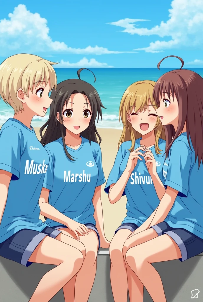 4 girls talking with each other near beach wearing blue shirt and design on their shirt is their names one girl name is MUSKAN another one name is HARSHU and another one name is SHIVUU and last one name is SHIZUKA