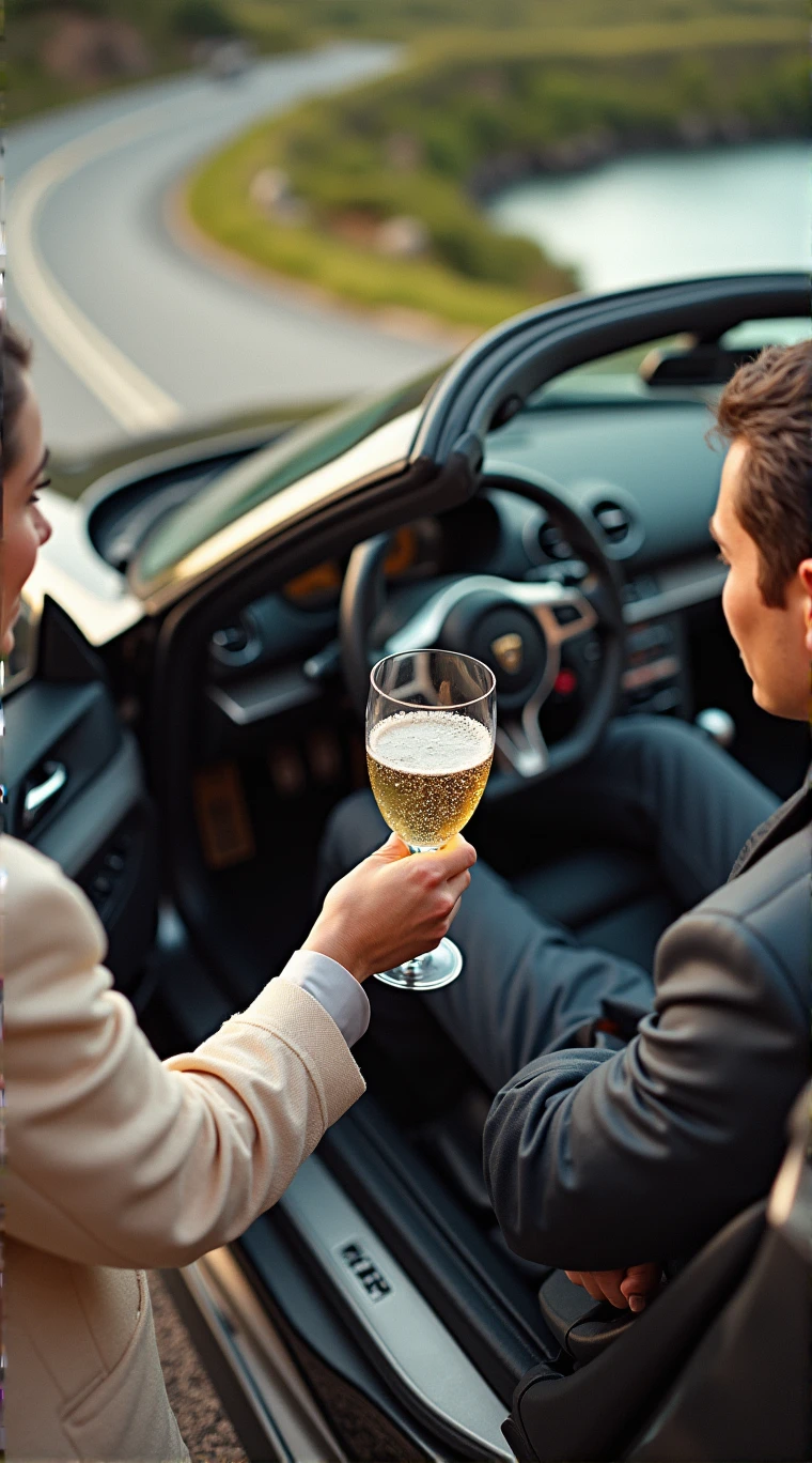 Car Photography、Riding in a luxury car and popping open a bottle of champagne。