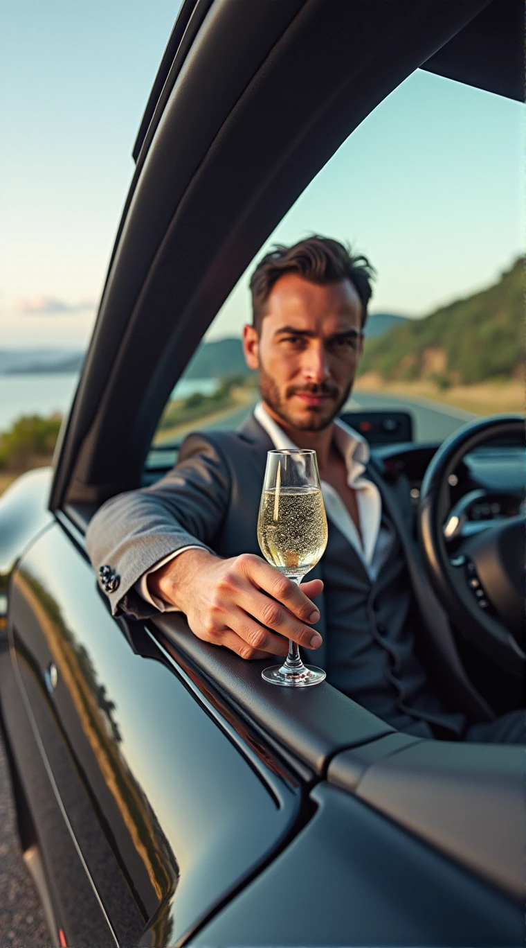 Homme brun sexy en costumes assis au volant d'un voiture de sport qui regarde le lève du soleil avec une bouteille de whisky a la main