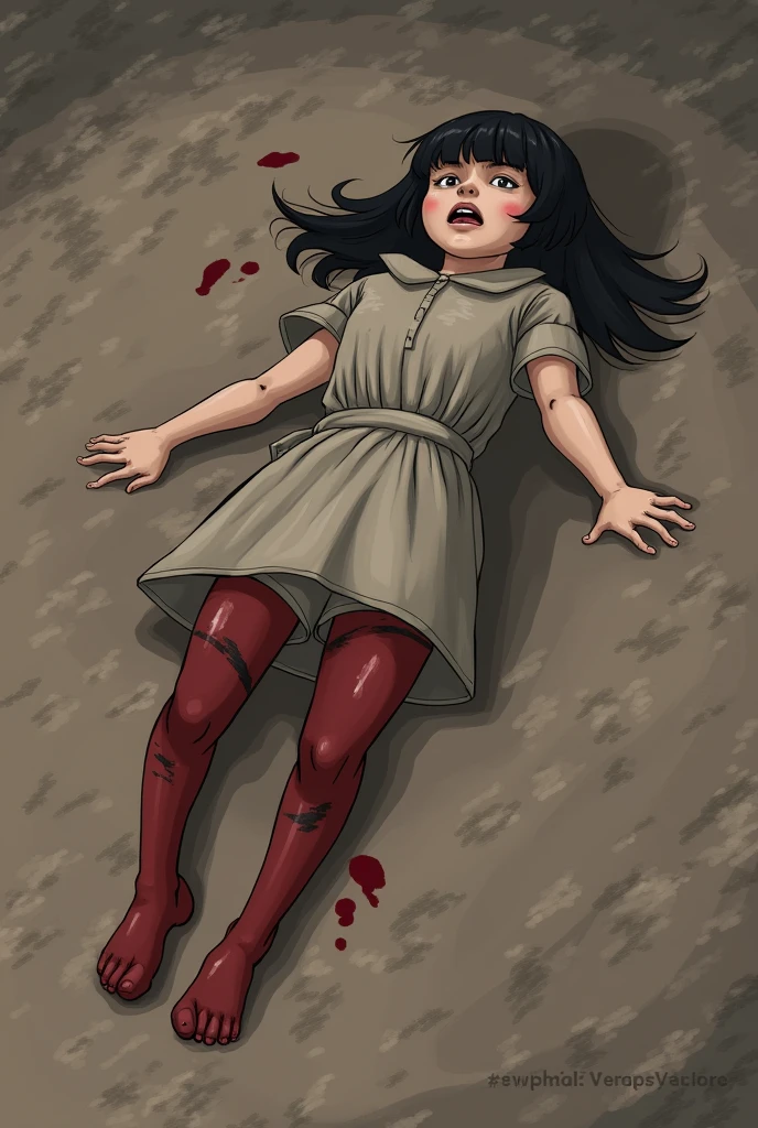 A girl who fell down on the ground. Some blood coming out of her legs