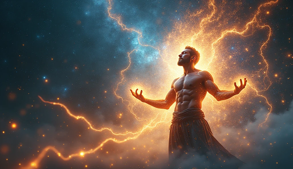 Generate an ultra-realistic image of sigma male controlling his inner energy. The man is positioned on the right side of the image, surrounded by mystical glowing light and cosmic patterns, similar to a powerful aura. Energy radiates from his hands and mind, connecting to the universe with vibrant streaks of light, stars, and galaxies. The scene blends spirituality with modernity, creating a harmonious visual of deep meditation and cosmic connection controlling energy through mind.