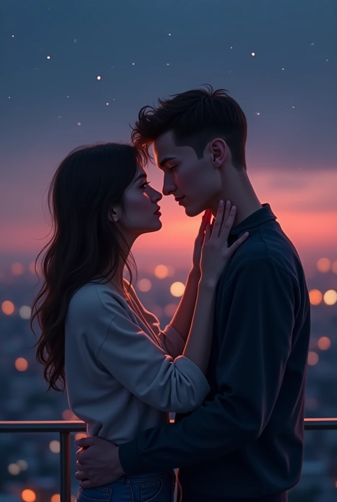 Mary Jane gently touches Peter’s cheek, reassuring him with her presence. The rooftop scene is intimate, with the first stars appearing in the night sky.
