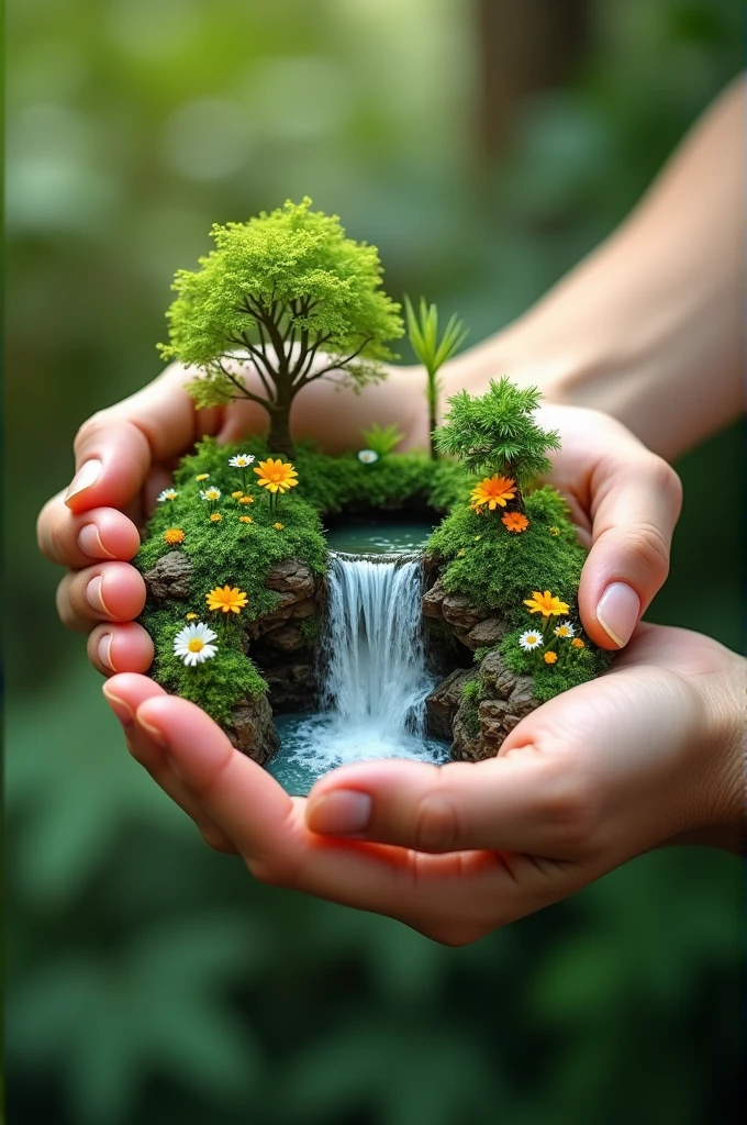 A photography of two hand is holding a mini nature forrest waterfalls with flora decoration
Full hd resolution, 8K
