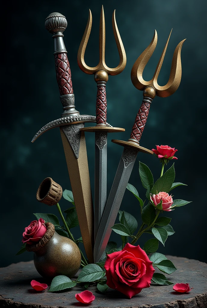 A trident, a dagger, A rose, and a superimposed pipe
