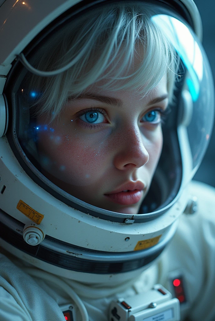 (Close-up of a better masterpiece:1.5)0.9], (Space and astronauts:1.2) (Messy silver hair:1.1) (Heterochromia xanthochromia and blue eyes:1.2) (Space Helmet:1.0) (Colored stars in the eyes:1.0) (A radiant glow:1.1) (thick lips:0.9)