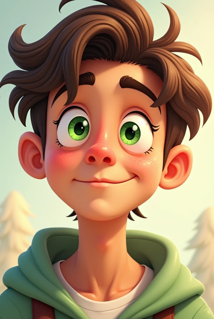 I want a character with four different eye expressions, green eyes, brown hair, brown skin, cartoon style, male drawing.