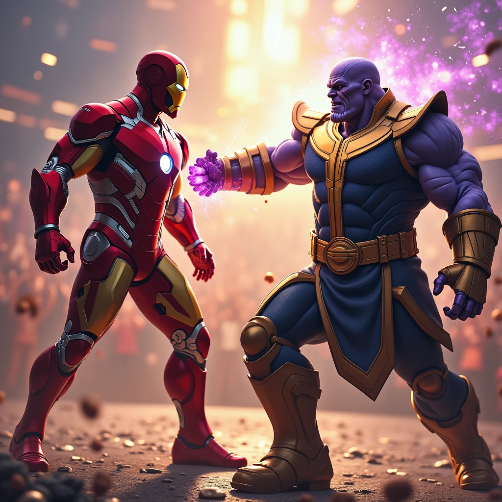 two superheroes iron vs thanos fighting in the ring with bright background many people cheering, thanos little thunder kick on iron, posing for a complex fight, epic battle, epic battle, battle , infinity stone, thanos style features, cinematic battle, profile photo, battle, fighting, fighting game, intense fighting, in awesome style