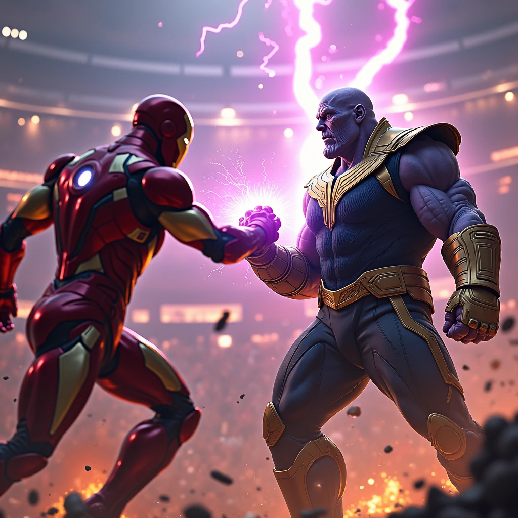 two superheroes iron vs thanos fighting in the ring with bright background many people cheering, thanos little thunder kick on iron, posing for a complex fight, epic battle, epic battle, battle , infinity stone, thanos style features, cinematic battle, profile photo, battle, fighting, fighting game, intense fighting, in awesome style