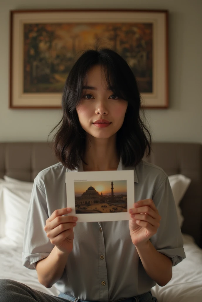 Une femme brune. Les cheveux raides, pas longs, de couleurs noirs. Un peu volumineuse de forme physique. Assise dans une grande chambre d'hôtel, sur un lit de l'hôtel, souriante, la tête droite, le regard droit fixé vers l'avant, portant dans ses mains une grande photo qu'elle montre bien vers l'avant de sorte que la photo qu'elle montre soit un peu décollée de sa poitrine et derrière elle, accroché sur le mur, un tableau avec des écritures en arabe bien lisible.