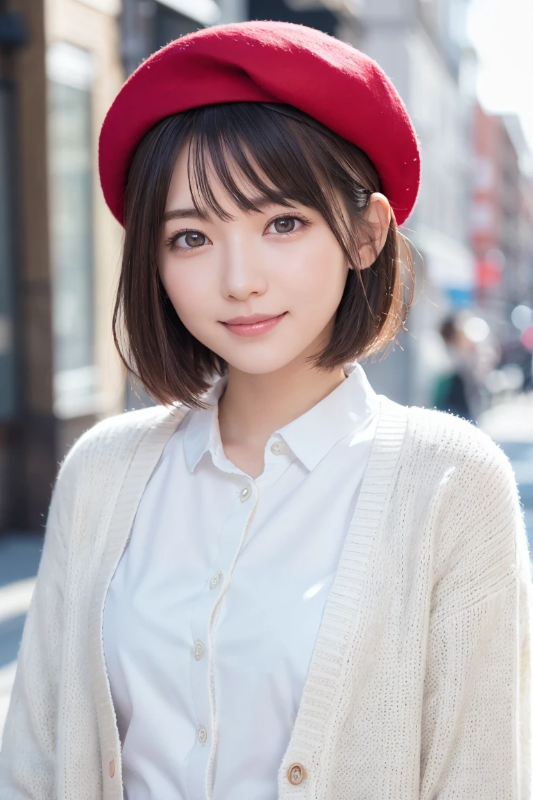 One Woman, (Beautiful woman, Delicate woman:1.3), (Age 25:1.3),
break, (White blouse:1.3), (Cream colored cardigan:1.3), (Red Beret:1.3),
break, Definition of very fine particles, (Symmetrical eyes:1.3),
break, (Street Snap:1.3),
break, Ample breasts, iris, bangs, Brown Hair, (short hair:1.3),
break, Happy smile、(Eye and facial details:1.0),
break, (masterpiece, Highest quality, Very detailed, Detailed face, 8k)
