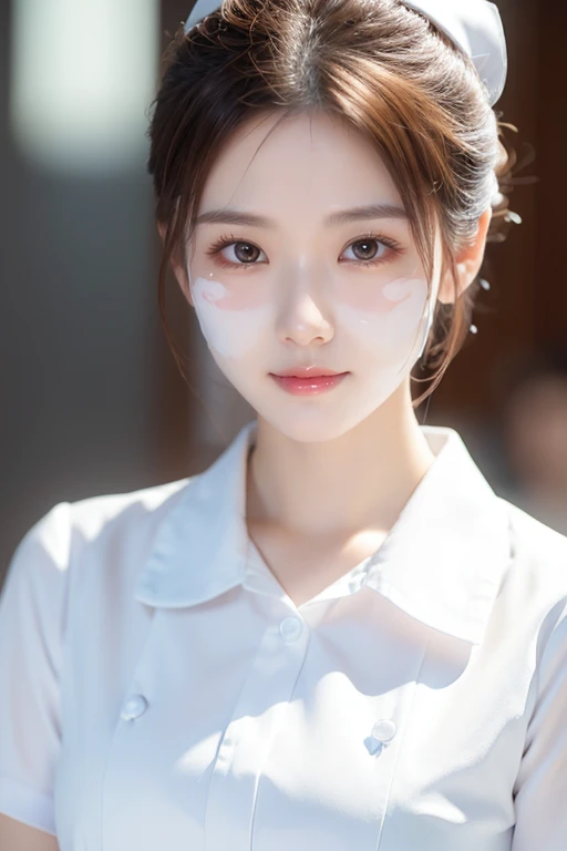 (Tabletop、highest quality、32K、Award-winning works、Ultra-high resolution)、(One beautiful nurse:1.1)、(The perfect white nurse uniform:1.1),hair bun,Shiny, beautiful hair,Accurate anatomy,(Strongly blurred white background:1.1),(very bright white lighting:1.1)、(Close-up of face:1.3),Perfect beautiful makeup,Spectacular Cinema Lighting、Tyndall effect,(standing elegantly:1.1),(Shining white skin:1.1)、Shiny beautiful skin、Radiant Skin,A beautiful face with skin that is completely free of blemishes.,