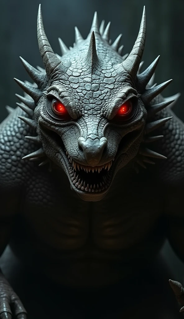 A close-up of the Chupacabra, showing its reptilian skin, glowing red eyes, and spines along its back, creating a sense of menace