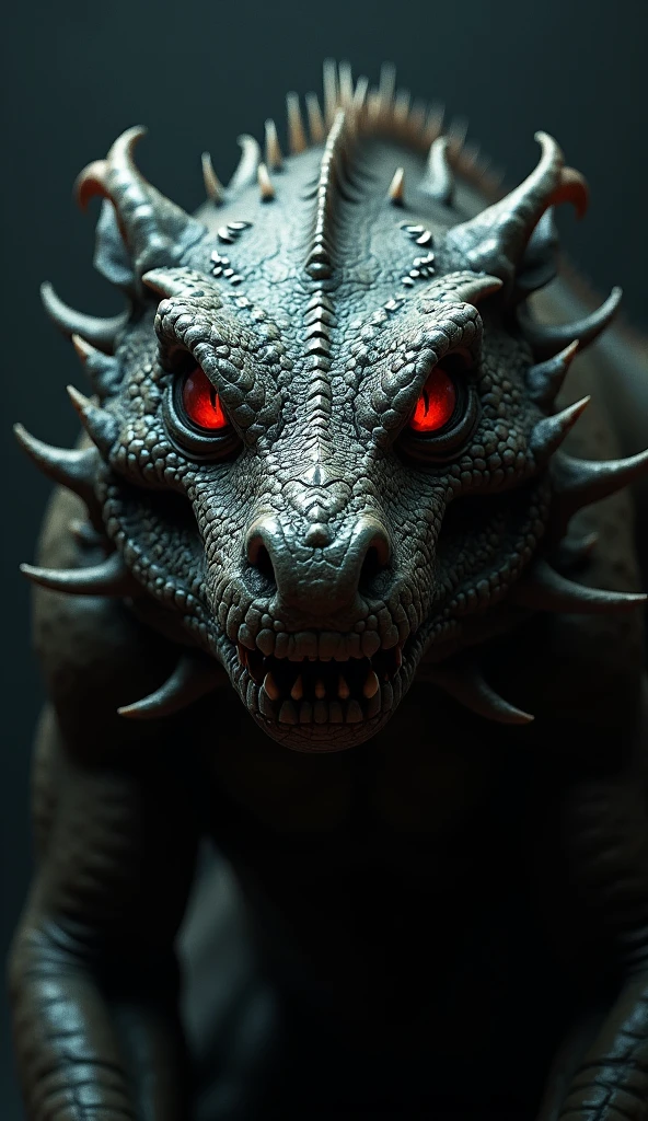 A close-up of the Chupacabra, showing its reptilian skin, glowing red eyes, and spines along its back, creating a sense of menace