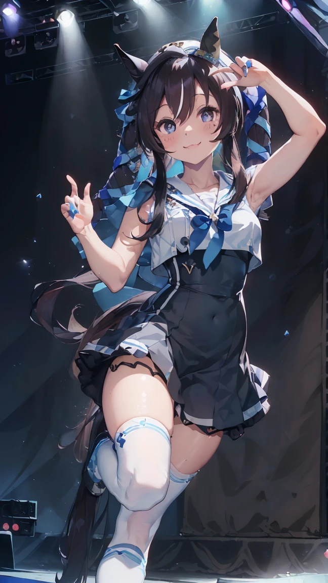 masterpiece, Highest quality, High resolution, Very detailed,(((Viblos))), (((smile)))、(((Standing in the distance))), (((Wearing a black dress。))), (((Horse Girl))), (((Horse tail))), (((White sailor collar))), (((stage))), (((White knee-high socks))), (((Blue ribbon)))