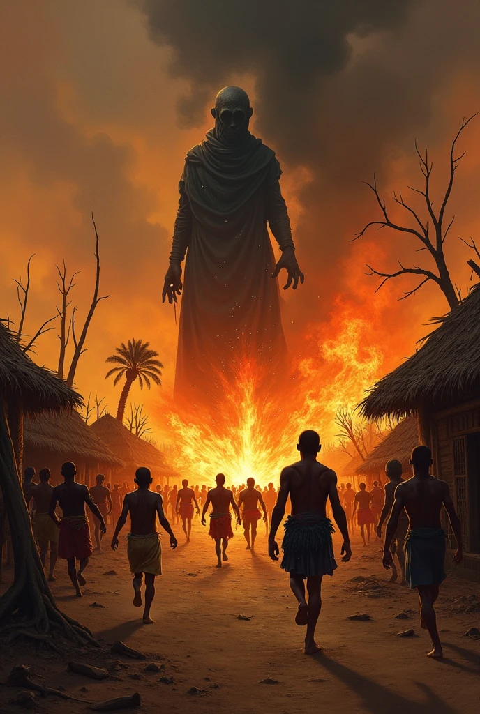 Village africain traditionnelle en feu par une armée étrangers d'une vieille méchants sorcière très laid avec les riverains très effrayé et paniquer en fuite