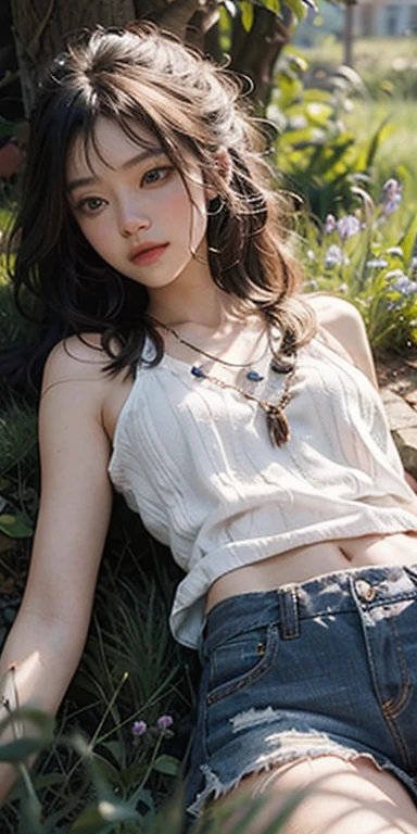 masterpiece: 1.2, Portraiture, Highest quality), Realistic, (Live Action, Intricate details, Written boundary depth), Highest quality, masterpiece, Attention to detail, semi-Realistic, Sleeping on the grass, shy, 21 years old, Short blonde, blue eyes, blonde、 Slim figure、Shoulder Bare、Shorts 、Blue sky and a few clouds、Rolling on the lawn