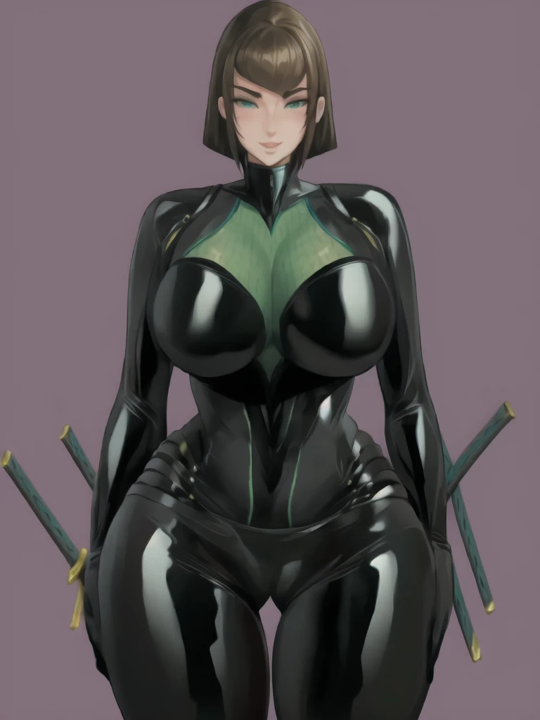 Bowei, LadyB, 1girl, upper body, slim body, slim thighs, bodysuit, detail eyes,  solo, looking at viewer, ninja mask, large breasts, simple background, brown hair, green eyes, weapon, ass, bodysuit, holding two hand, katana, ninja background, sheath, skin tight, LadyB bodysuit, ladybninja close-up, 8k detailed,