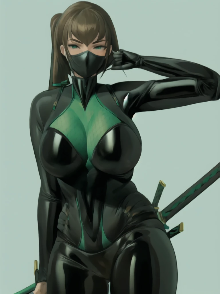 Bowei, LadyB, 1girl, upper body, slim body, slim thighs, bodysuit, detail eyes,  solo, looking at viewer, ninja mask, large breasts, simple background, brown hair, green eyes, weapon, ass, bodysuit, holding two hand, katana, ninja background, sheath, skin tight, LadyB bodysuit, ladybninja close-up, 8k detailed,