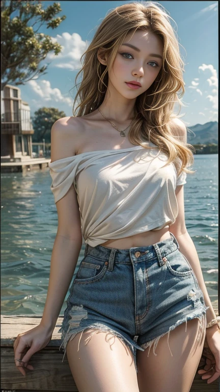 (masterpiece: 1.2, Portraiture, Highest quality), Realistic, (Live Action, Intricate details, Written boundary depth), Highest quality, masterpiece, Attention to detail, semi-Realistic, Swimming in the lake, shy, 21 years old, Short blonde, blue eyes, blonde、 Slim figure、Shoulder Bare、Shorts and T-shirt 、Blue sky and a few clouds、Shoulder Bare