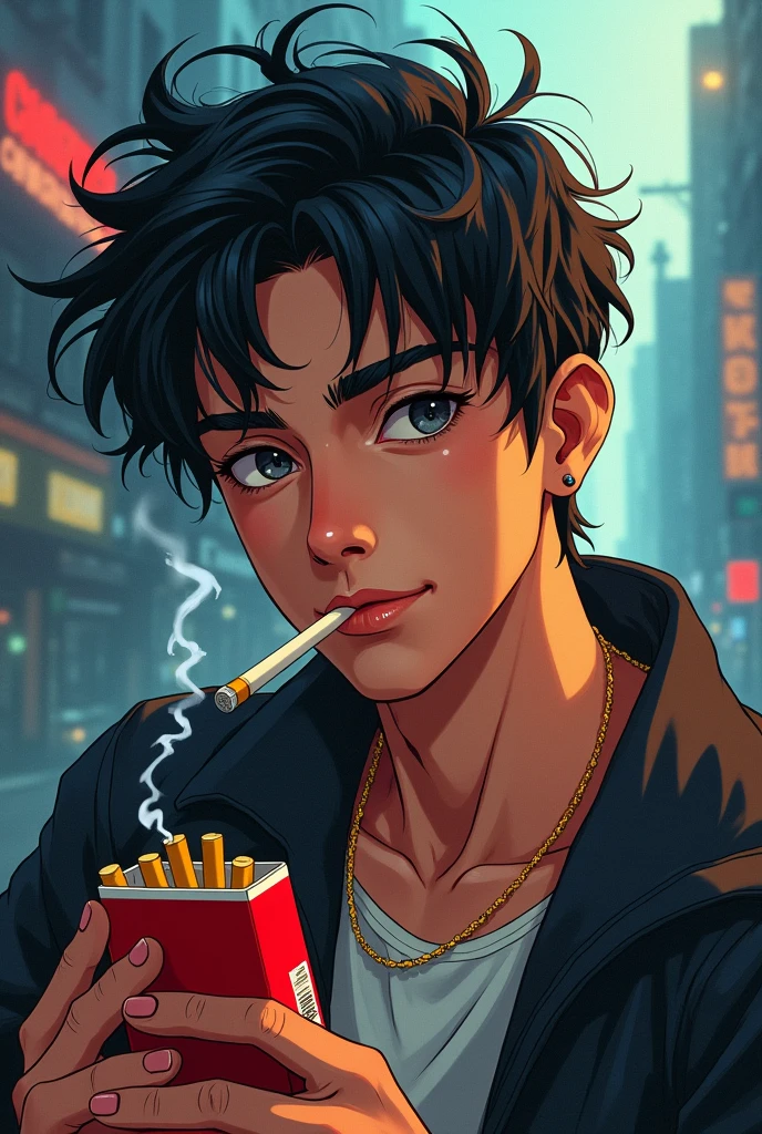 short hair boy, Cold look, smoking, in a bright city, Starry Night, seated