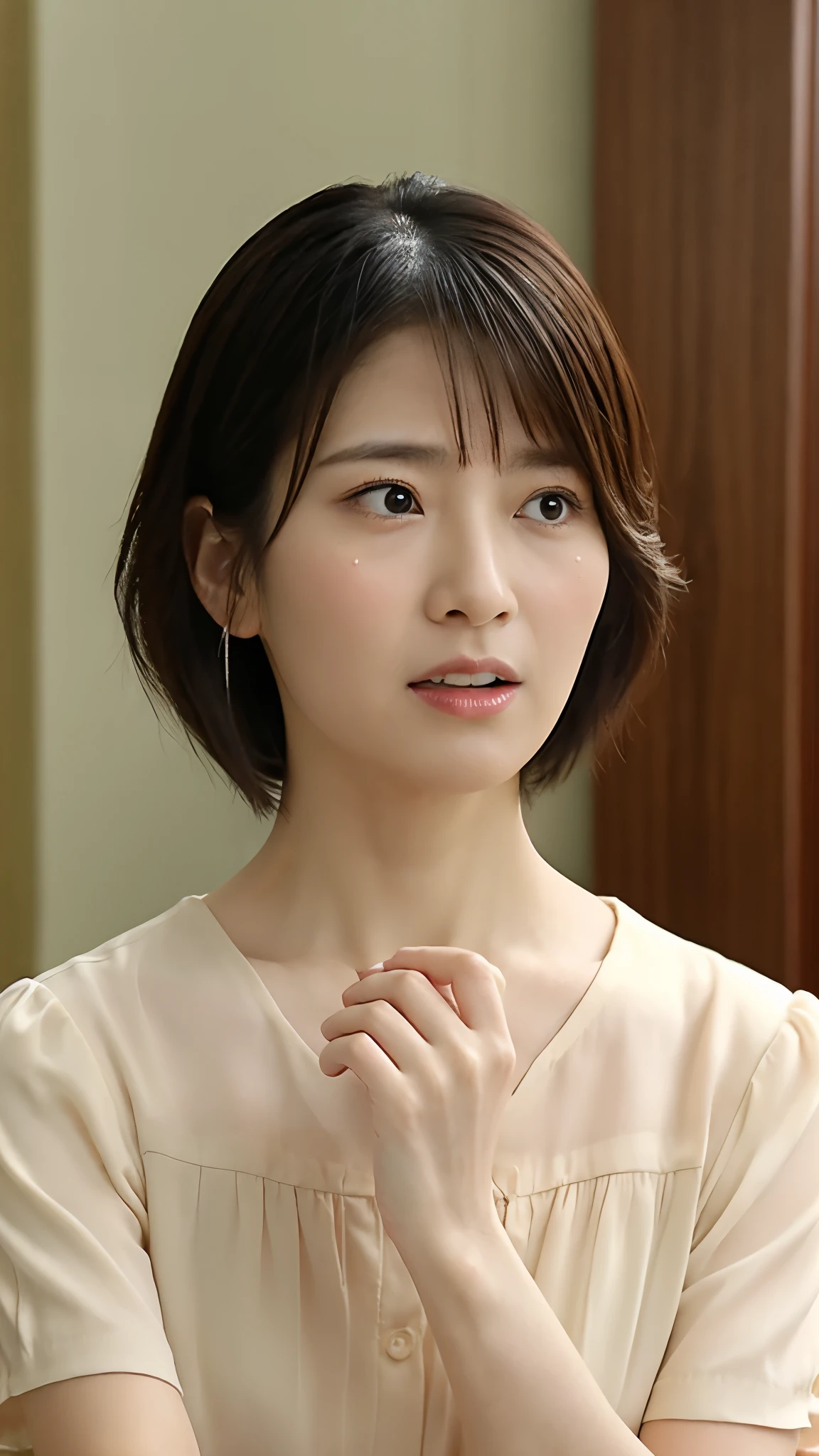 Japanese 40year old woman 、Bust up images、Short Hair、double The whole picture clear
古いApartment room background、Sitting、Very sad face、A painful expression、Mouth open、Talking about something、Mouth open、Tears are flowing、Tears are overflowing、Close-up of face、Tears flowing、Gazing into the distance、Plain summer short-sleeved shirt、