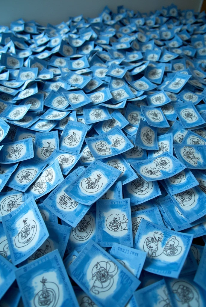 1 euro banknotes,000 blue ones with three characters drawn on them in bed