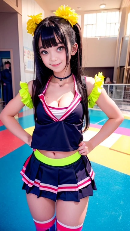 Japanese schoolgirl, Kiddie,Neon-colored cheerleader cosplay,No sleeve,  (smile:0.7), Suggestive,(Hair Black hair:1), Cleavage, (Small breasts)