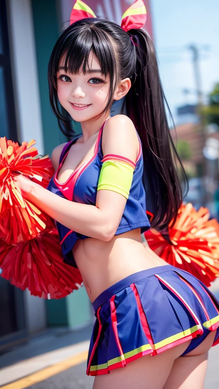 Japanese girl, Kiddie,Neon-colored cheerleader cosplay,No sleeve, (smile:0.7), Suggestive,(Hair Black hair:1), Cleavage, (Small breasts)
