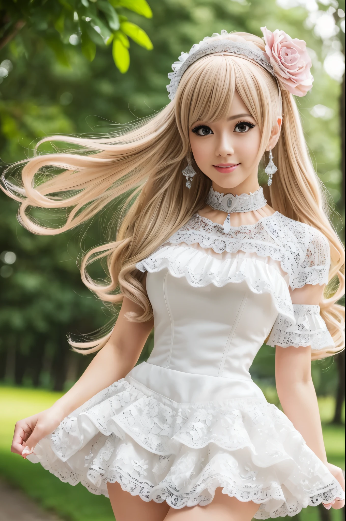 ((Best quality, 8k, Masterpiece, Sharp focus, 35mm lens, f/0.8, amazing beautiful perfect figure :1.4)), side lighting, sexy stylish Italian model, ((bright smile)), ((beautiful detailed Victorian-Style boots)), Highly detailed face and skin texture:1.2, super detailed eyes:1.2, super detailed skin, shiny skin:1.2, Blushing ,long lashes:1.2, high-fidelity bangs, brilliant light blonde long random hairstyle, ((sexy Paradise Kiss cosplay)), bell-shaped skirt, petticoats, high neckline, puffed sleeves, (( ultra detailed lace)), ((ultra detailed embroidery)), intricate details, Paradise Kiss accessoires and matching headpiece, choker, ((large sparkling Paradise Kiss jewelry)), cinematic light, detailed large park background with trees