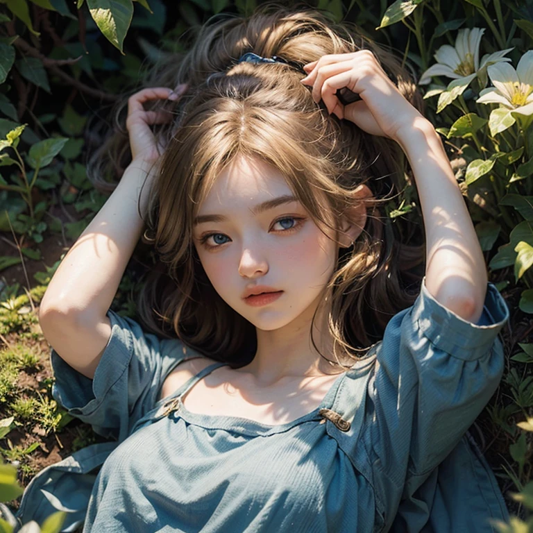 masterpiece: 1.2, Portraiture, Highest quality), Realistic, (Live Action, Intricate details, Written boundary depth), Highest quality, masterpiece, Attention to detail, semi-Realistic, Sleeping on the grass, shy, 21 years old, Short blonde, blue eyes, blonde、 Slim figure、Shoulder Bare、Shorts 、Blue sky and a few clouds、Rolling on the lawn