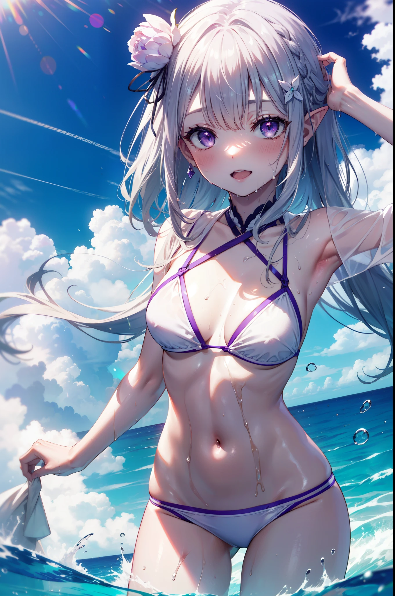 rezeroEmilia, Emilia,flower, hair flower, hair ornaments, Hair Ribbon, Long braids, (Purple eyes:1.2), Pointed Ears, white flower, x hair ornaments, smile,Open your mouth,White string bikini swimsuit,barefoot,Wet Hair,Wet Skin,Wet Hair,Water Play,Daytime,Clear skies,True Summer,whole bodyがイラストに入るように,
break outdoors, Ocean,Beach,
break looking at viewer, whole body,(Cowboy Shot:1.5),
break (masterpiece:1.2), Highest quality, High resolution, unity 8k wallpaper, (figure:0.8), (Beautiful attention to detail:1.6), Highly detailed face, Perfect lighting, Highly detailed CG, (Perfect hands, Perfect Anatomy),