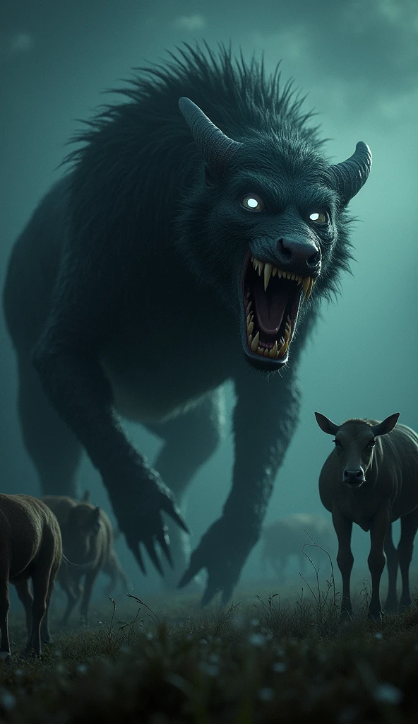 The Chupacabra attacking livestock under the cover of night, its fangs bared and eyes glowing in the darkness.