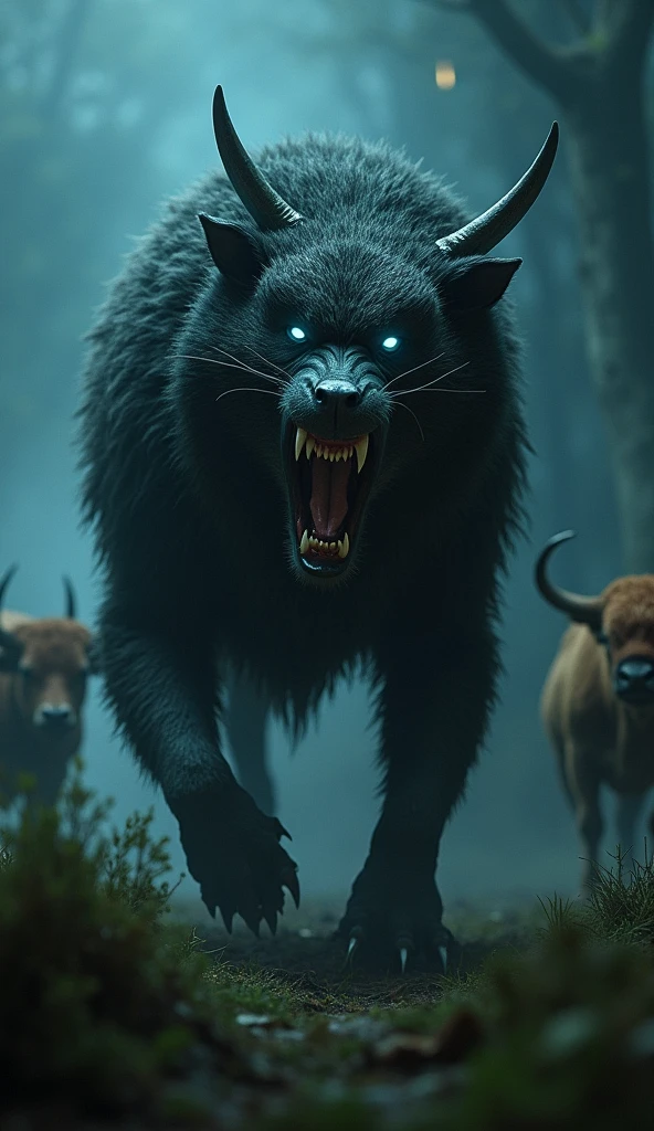 The Chupacabra attacking livestock under the cover of night, its fangs bared and eyes glowing in the darkness.