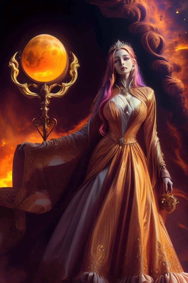 (absurdres, highres, ultra detailed), 1girl, zodiac sign - Virgo goddess , solo, mature, Baroque, long dress, long sleeve, elegant, colorful, highest detailed, upper body , sunset hair . Fire eyes . Brave, willful, productive, enterprising humanitarian face .