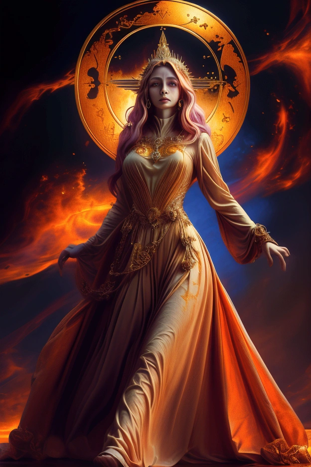 (absurdres, highres, ultra detailed), 1girl, zodiac sign - Virgo goddess , solo, mature, Baroque, long dress, long sleeve, elegant, colorful, highest detailed, upper body , sunset hair . Fire eyes . Brave, willful, productive, enterprising humanitarian face .