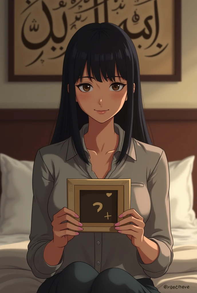 Une femme brune. Les cheveux raides, pas longs, de couleurs noirs. Un peu volumineuse de forme physique. Assise dans une grande chambre d'hôtel, sur un lit de l'hôtel, souriante, la tête droite, le regard droit fixé vers l'avant, portant dans ses mains une grande photo qu'elle montre bien vers l'avant de sorte que la photo qu'elle montre soit un peu décollée de sa poitrine et derrière elle, accroché sur le mur, un tableau avec des écritures en arabe bien lisible.