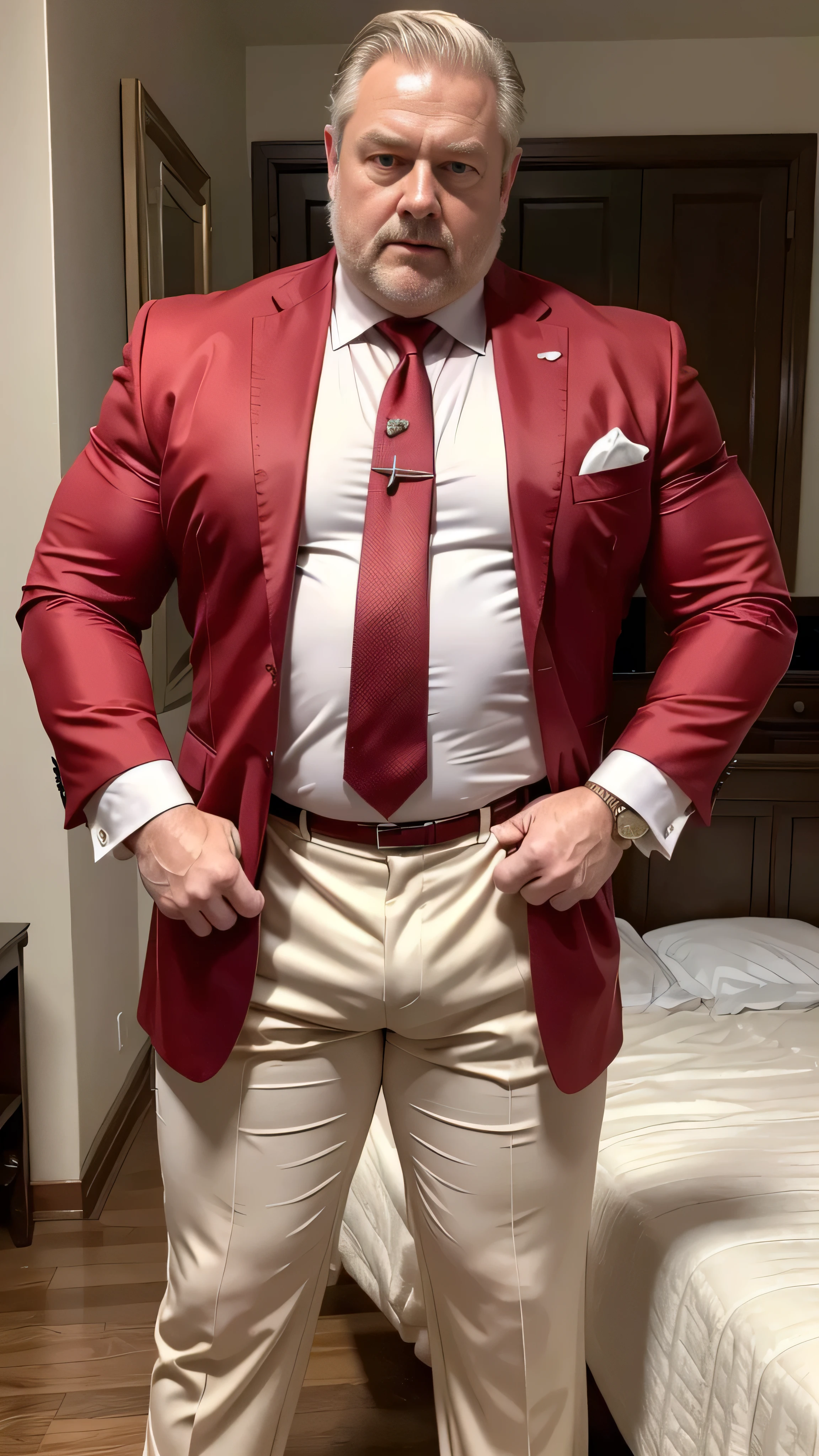 (best quality,4k,8k,highres,masterpiece:1.2), age 60, white man, horny disgusting, muscular chubby, kind, opened suit and red silk shirt show off his chest, mature daddy, Dress Pants with big bulge, hairy chest hard nipple, belt, loafer,
