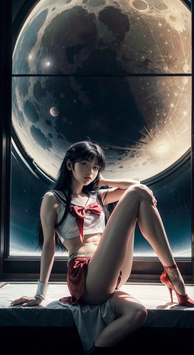 Sailor moon, red tones, sitting, Long black hair with side clips and bangs( Leg Open:1.5), golden and white throne, Large window behind, without glass showing the earth and the starless space. lunar landscape.