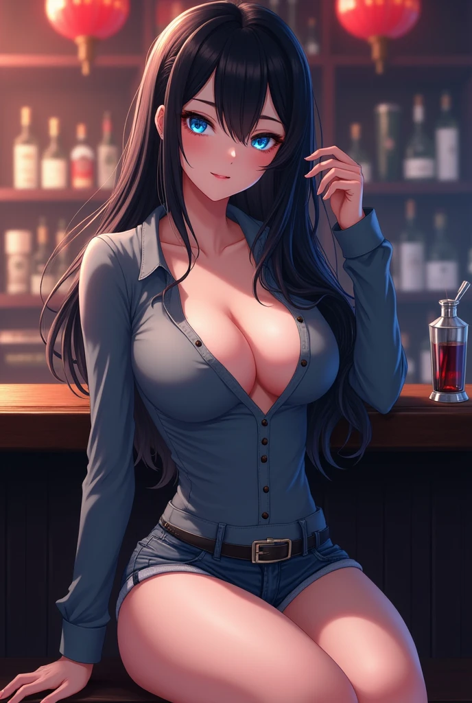 (Beautiful anime style2d woman, long black hair, blue eyes, wearing shorts and tight shirt that shows cleavage, sitting at the bar, white skin