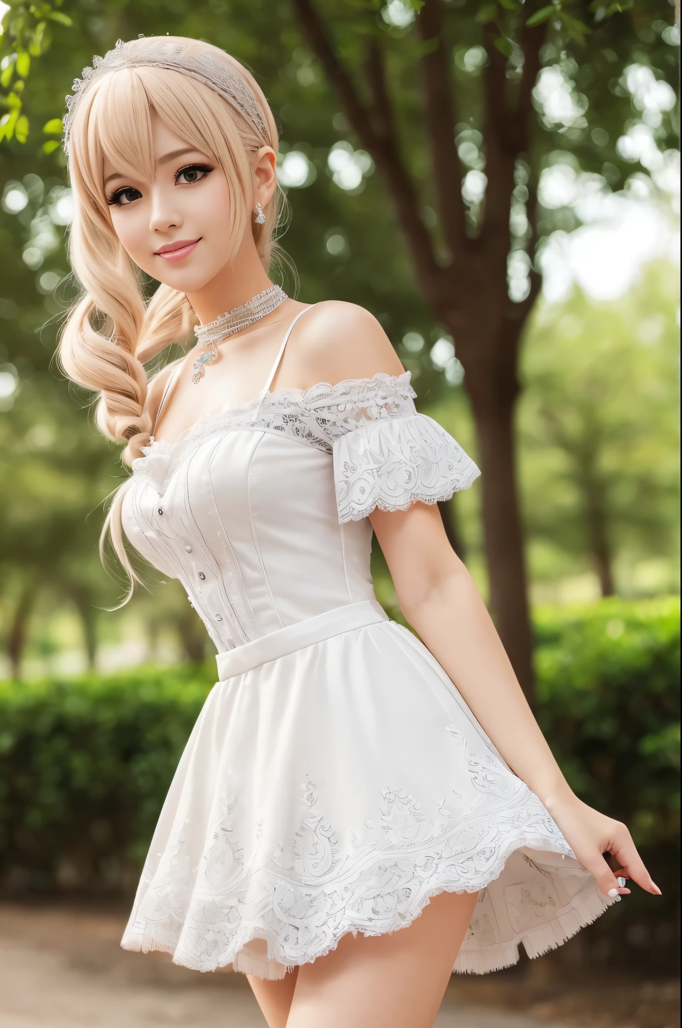 ((Best quality, 8k, Masterpiece, Sharp focus, 35mm lens, f/0.8, amazing beautiful perfect figure :1.4)), side lighting, sexy stylish Swedish model, ((bright smile)), ((beautiful detailed Victorian-Style boots)), Highly detailed face and skin texture:1.2, super detailed eyes:1.2, super detailed skin, shiny skin:1.2, Blushing ,long lashes:1.2, high-fidelity bangs, brilliant light blonde long random hairstyle, ((sexy Paradise Kiss cosplay)), bell-shaped skirt, petticoats, high neckline, puffed sleeves, (( ultra detailed lace)), ((ultra detailed embroidery)), intricate details, Paradise Kiss accessoires and matching headpiece, choker, ((large sparkling Paradise Kiss jewelry)), cinematic light, detailed large park background with trees