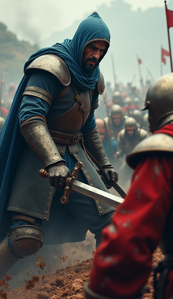4K, dark fantasy, medieval period, close up faces of a mamluk soldier locks sword wearing bluish color body Armor standing uphill with mongol soldiers with lesser height who standing down hill and mongol army wearing red colour Armor, both soldiers on a hill slope, camera over the shoulder of the Mamluk soldier looking down to the mongol soldiers, background full of soldiers fighting from both side, Chaos around, bloody war, focus on the two soldiers locking sword with each other and angry and cruel , close up faces