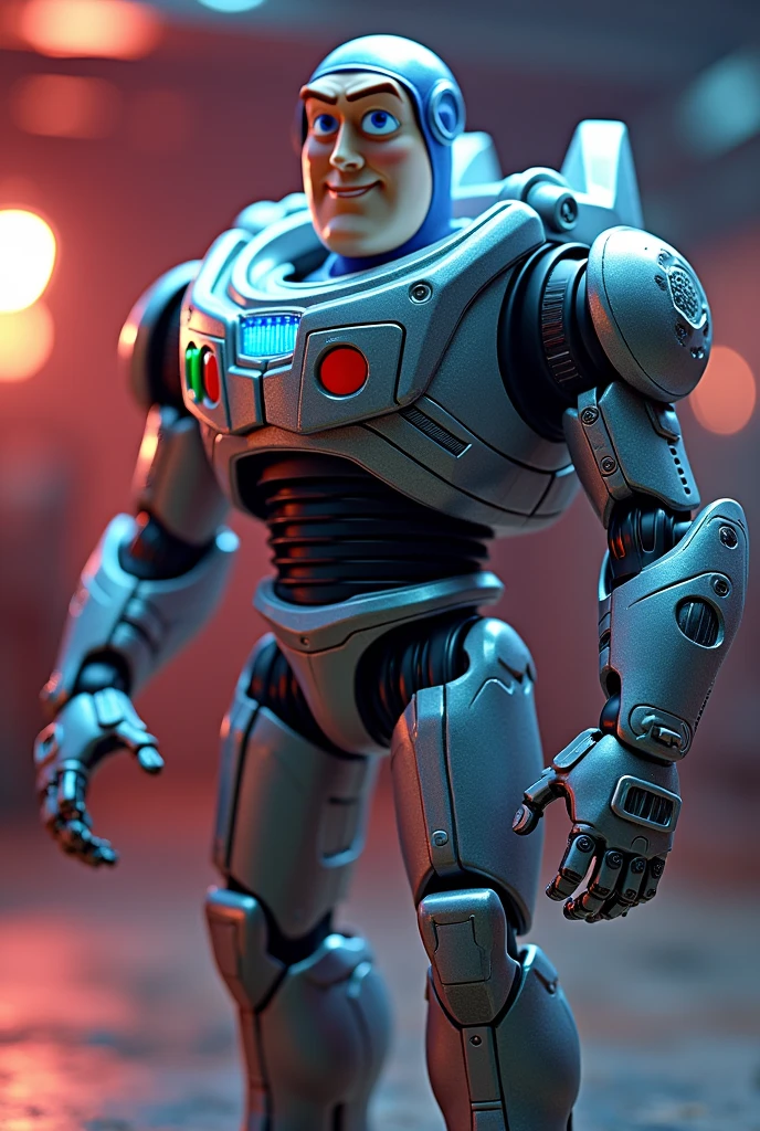 realistic, hyperdetailed, 3D render, 8k, detailed buzz lightyear, extremely detailed buzz lightyear toy, toy story character, space ranger, electroluminescent wings, dynamic pose, shiny metallic armor, reflective surfaces, metallic gloss, intricate details, complex machinery, advanced technology, advanced robotics, complex circuitry, vibrant colors, dramatic lighting, cinematic composition, photorealistic, HDR, physically-based rendering, studio lighting