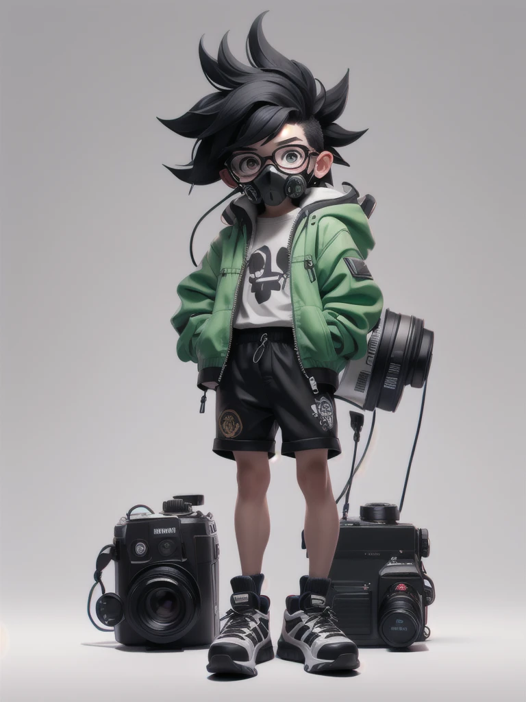 ((一人in,Looking))_in_Audience,green_eye,Simple_background,shirt,black_((Soft Mohawk)),One person,black、Glasses、Are standing,赤Jacket,full_body,male_concentrated,Multicolor_blackhair,shoes,Shorts,mask,black_Shorts,ring,spike_hair,black_White_Jacket,male_child,gas_mask,respirinor,cineminic lighting,Strong contrast,High level of detail,Highest quality,masterpiece,White background,（(blackメガネ))、I have a single-lens reflex camera