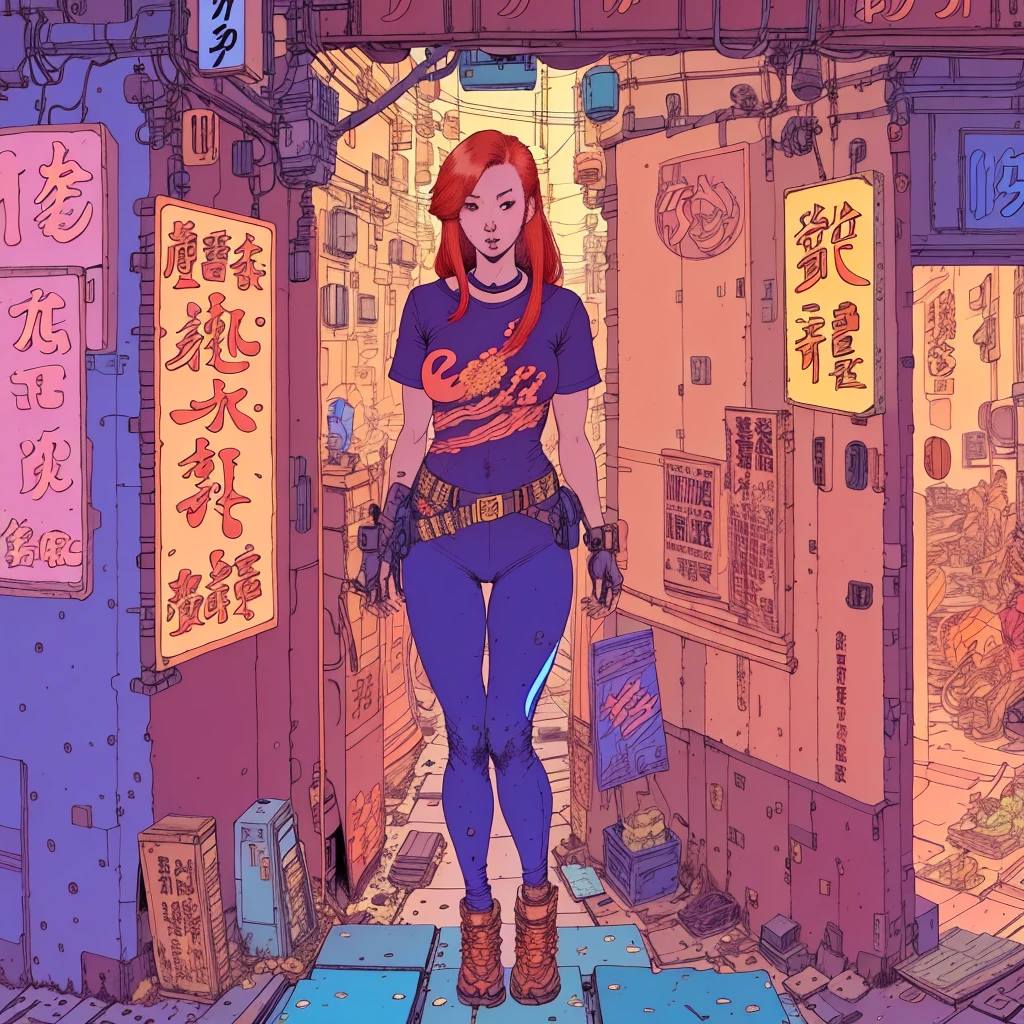 fisheye wideshot standing full body skinny Japanese redhead woman in a leggings and a tshirt in a Tokyo alley, by josan gonzalez