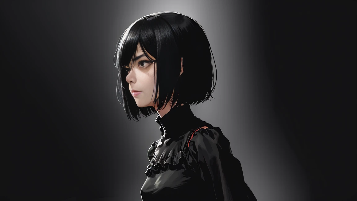 (Highest quality, sketch:1.2),Realistic,Illustrator,anime,1 person, Black Dress 8,custom, (Background dark monochrome),Neon Hair,Texture Cropping, masterpiece, Style: Retro Classic, Dark Black, art, sketch book, (Bob Hair Black:1.75 Neon:1.32), Dark Shadows ,university student。Black Hair。Short Hair。Neat。Black blouse。alone、A figure in the distance、walk、遠くでwalk、It rains、knife、Blood、Blood液