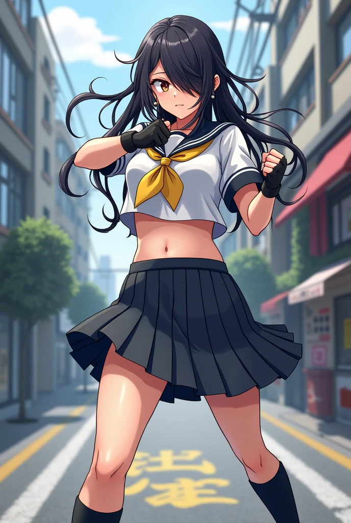 ((masterpiece,best quality, detailed)), 1girl, solo, outdoors, street, fighting pose, serious, 
kanu unchou, fingerless gloves, serafuku, midriff, loose socks, pleated skirt, yellow neckerchief, earrings, low-tied long hair, hair over one eye, loafers