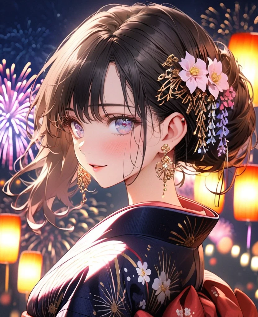 8k,Ephemeral beauty，Very delicate and beautiful,Beautiful and realistic skin,Earrings that shine like jewels,Black Hair、Long and colorful hair,Beautiful Eyes,good,Beautiful night sky、firework、yukata